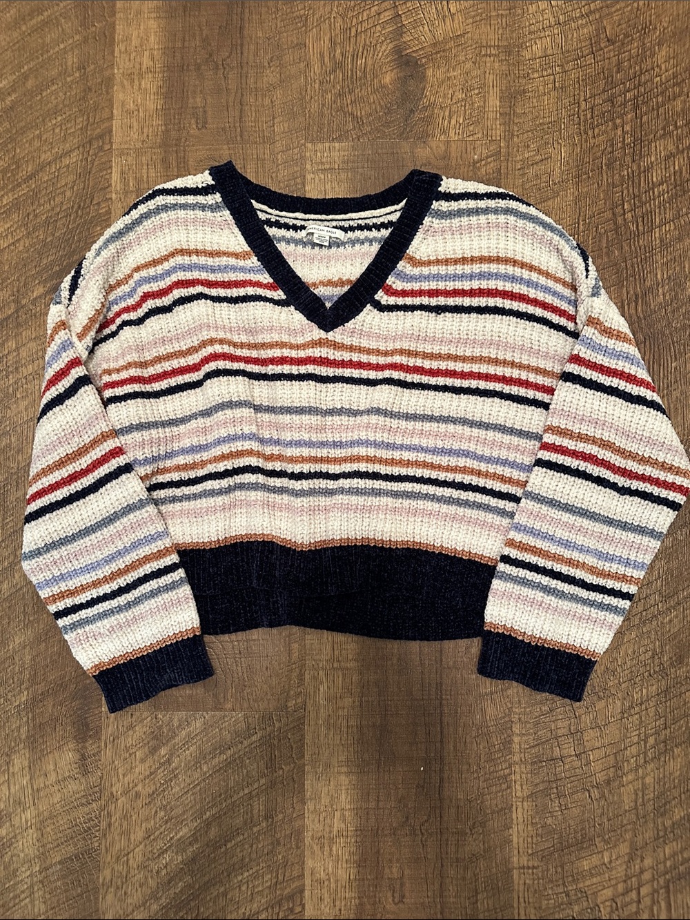 American Eagle Outfitters Striped V-Neck Sweater in Navy, Cream, Red, Blue, Tan